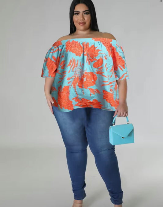 Turquoise and Orange Off Shoulder Shirt